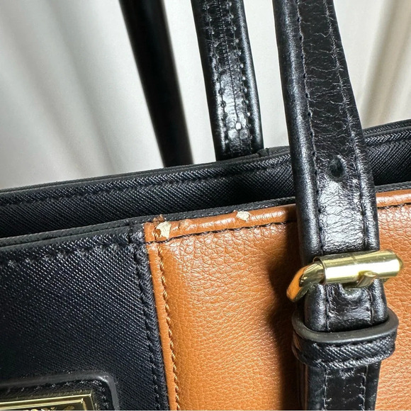 Anne Klein Black Tan Vegan Leather Shoulder Bag Patent Color Block Two Tone Faux - Picture 5 of 10